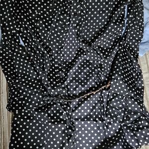 R & B Black White Polka Dot Button Front Blouse w/ Belt Size Large